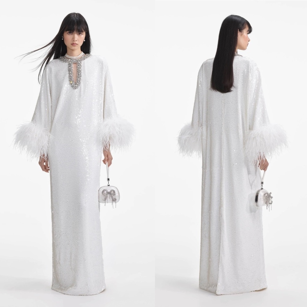 Self-Portrait White Sequin Maxi Dress with Feather Cuffs